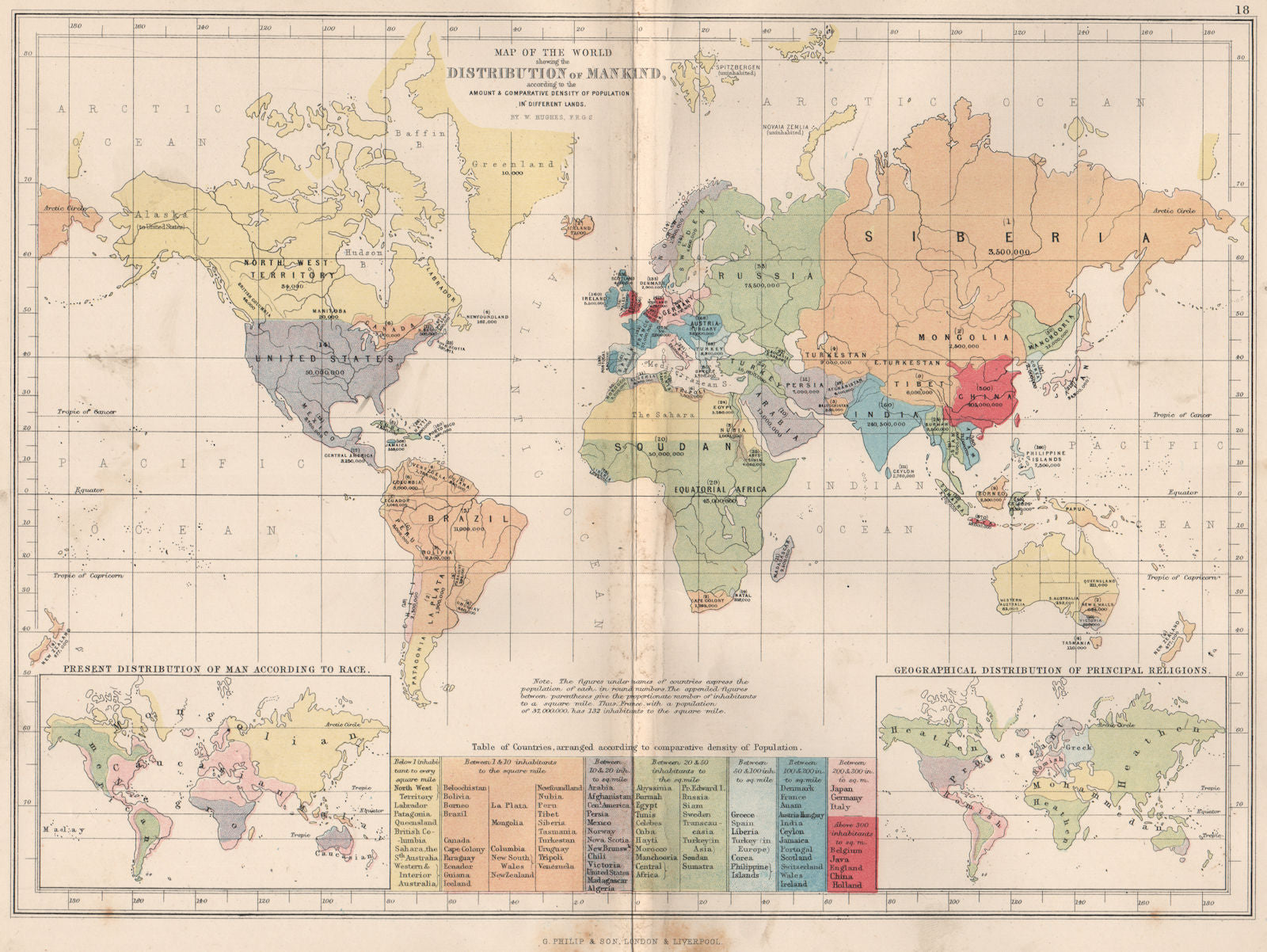WORLD. population density; race; religion 1886 old antique map plan chart